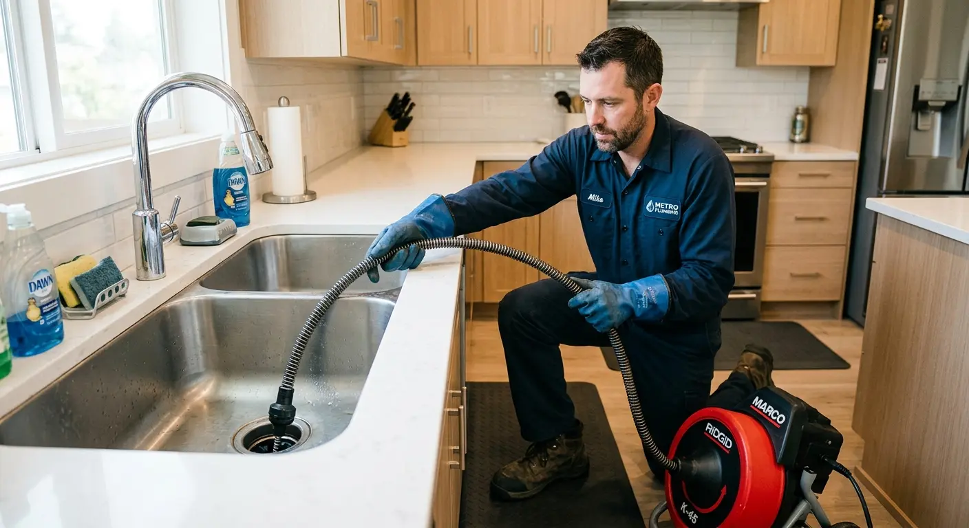 Drain cleaning technician using a motorized snake on a kitchen sink in Atlanta
