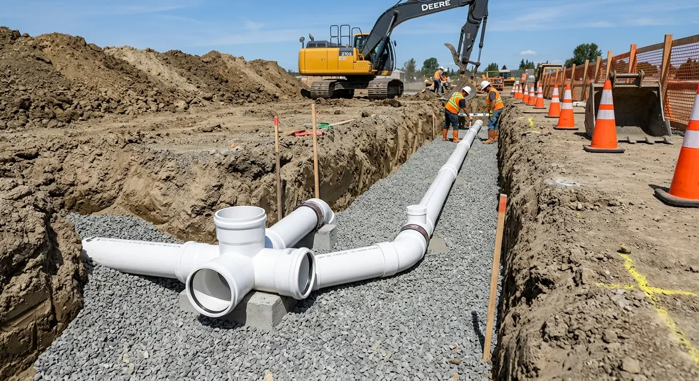 New PVC sewer pipe installation in open trench for Sewer Backup in Atlanta